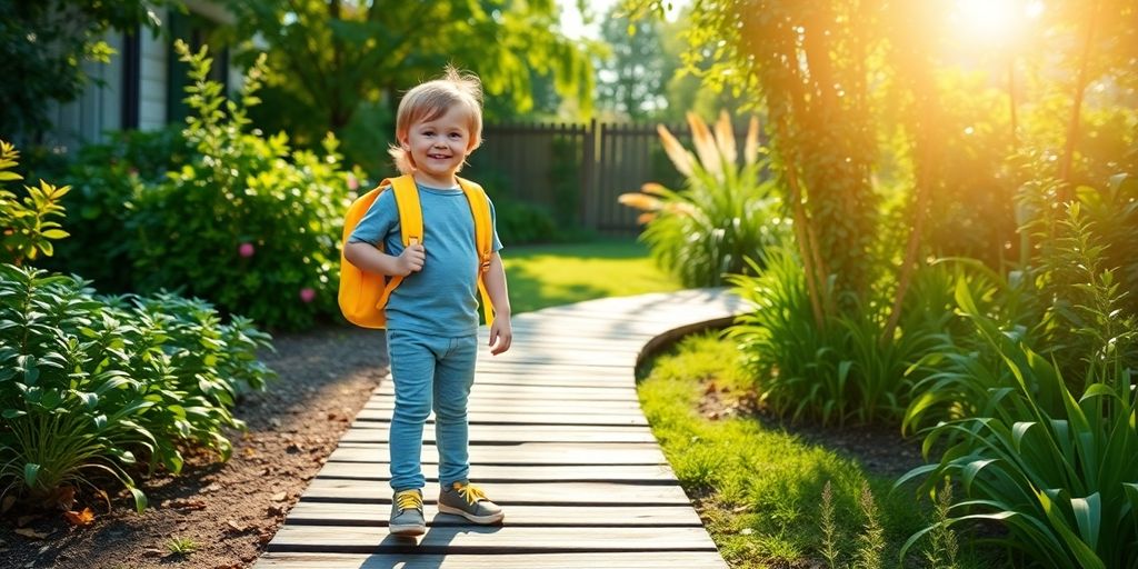 Child on stone path with joyful expression in sunlit garden.