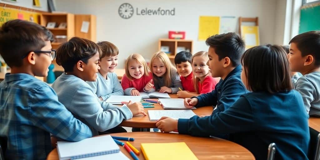 Cheerful classroom scene with students and teacher actively guiding homework.