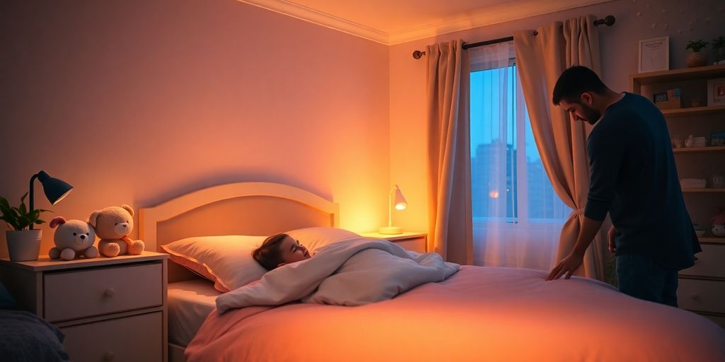 Child peacefully sleeping in a warm, cozy, nighttime bedroom setting.