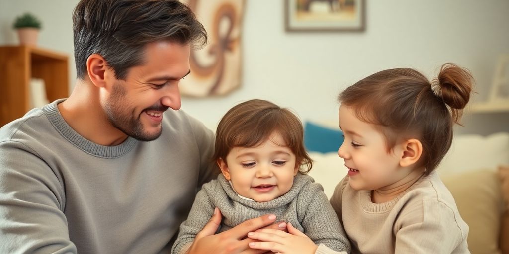 Caring parent gently guides playful child with warm, comforting smiles.