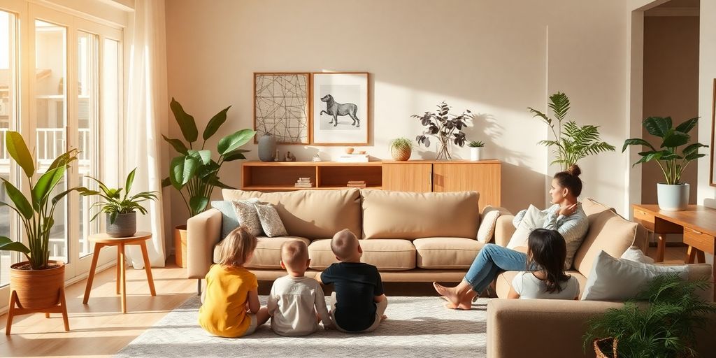 Parent, children, and plants in a modern warm living room.