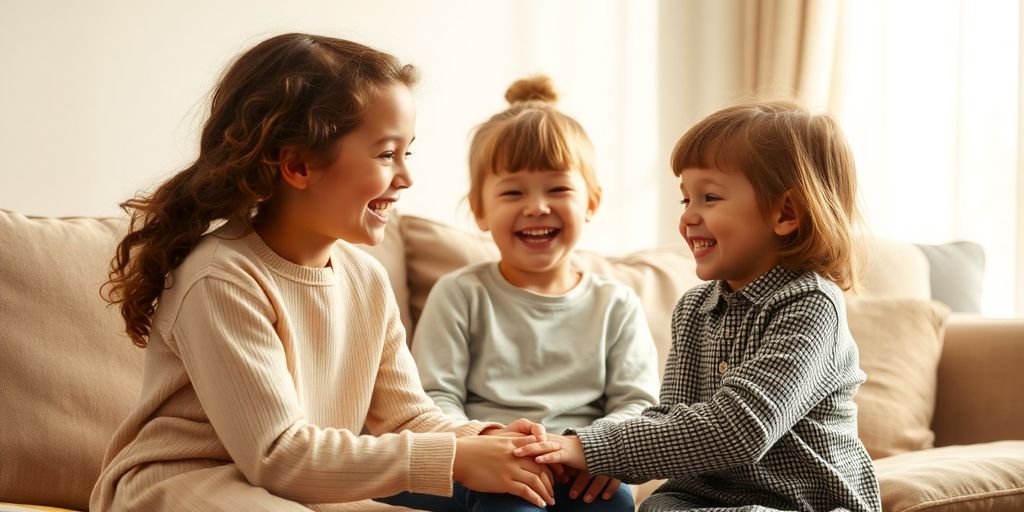 Friendly siblings play indoors amid a warm, cheerful family space.