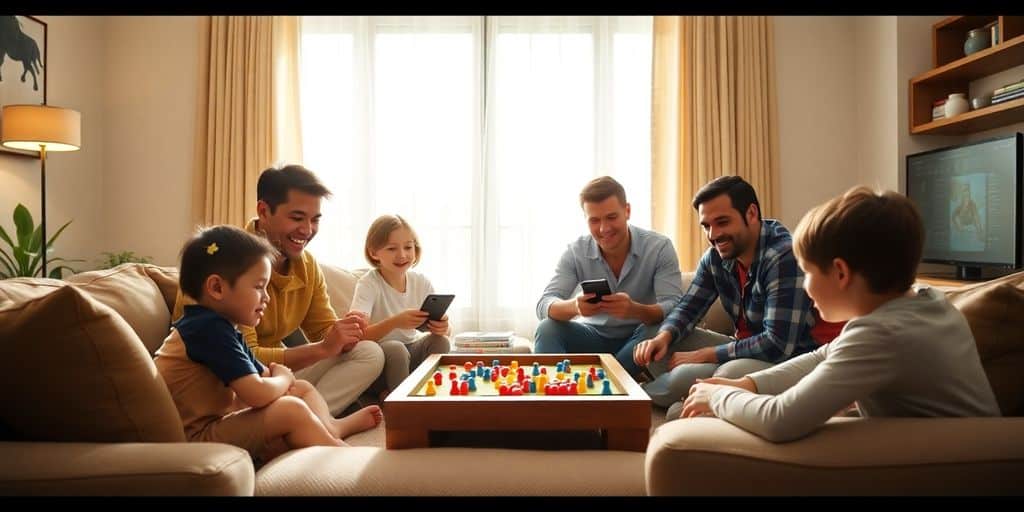 Joyful family amid modern living room with digital devices together