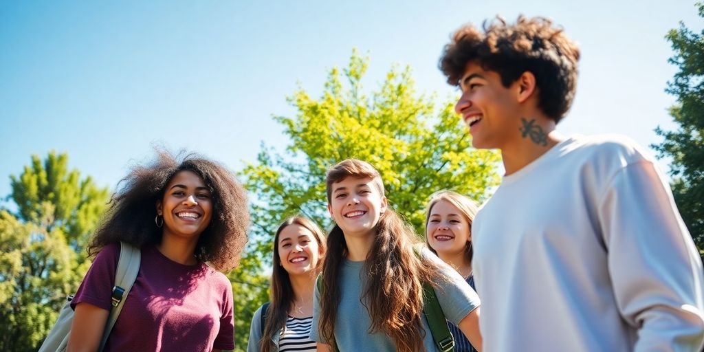 Teenagers happily smiling outdoors in a park enjoying natural surroundings