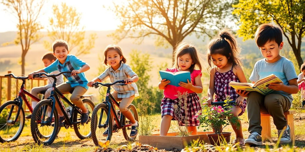 Children outdoors riding bikes and exploring nature with independent joy.